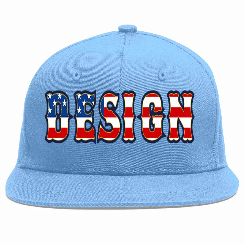 Baseball Cap For Professional Baseball Teams-Custom Light Blue Vintage USA Flag-Gold Flat Eaves Sport Baseball Cap Design for Men/Women/Youth