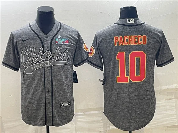 Baseball Jersey For Fan Club Orders-Men's Kansas City Chiefs #10 Isiah Pacheco Gray With Super Bowl LVII Patch Cool Base Stitched Baseball Jersey