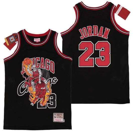 Basketball Jersey For Sports Event Apparel-Bulls 23 Michael Jordan Black Hardwood Classics Skull Edition Basketball Jersey