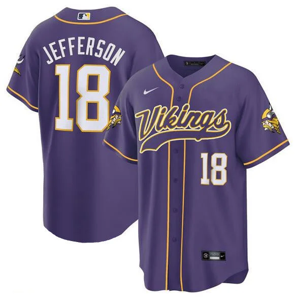 Baseball Jersey For Team Recognition-Men's Minnesota Vikings #18 Justin Jefferson Purple Cool Base Stitched Baseball Jersey