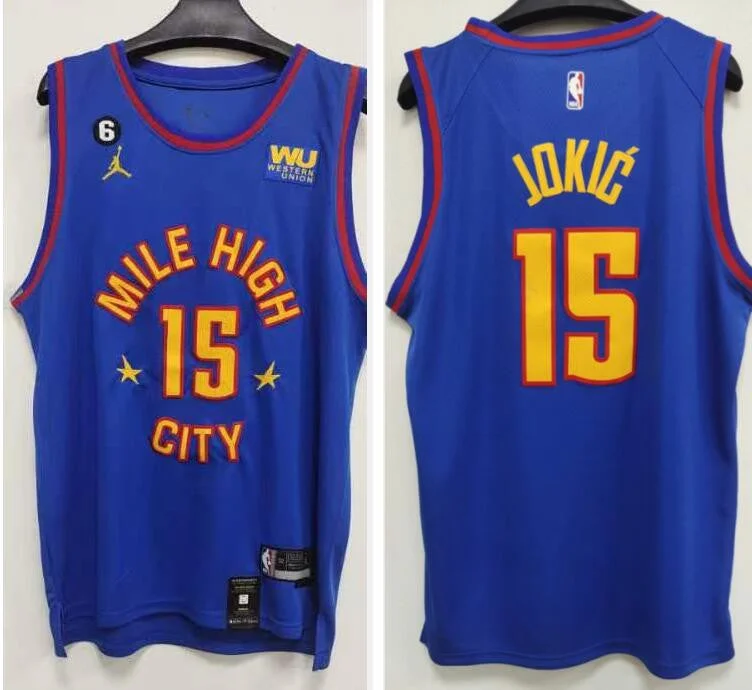 Basketball Jersey For Custom Embroidered Logos-Nuggets 15 Nikola Jokic Blue 2022-23 City Edition Swingman Basketball Jersey