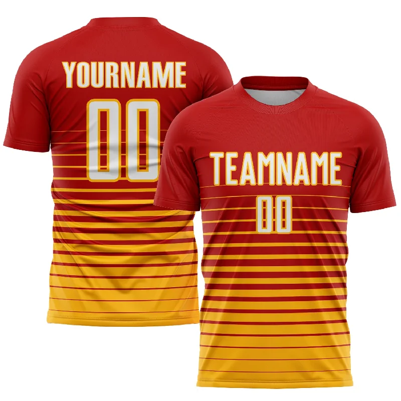 Football Jersey For Player Supporters-Custom Red White-Gold Pinstripe Fade Fashion Sublimation Soccer Uniform Jersey