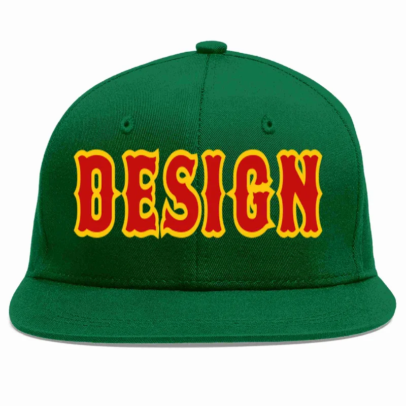 Baseball Cap For Online Custom Orders-Custom Green Red-Yellow Flat Eaves Sport Baseball Cap Design for Men/Women/Youth