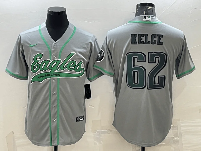 Baseball Jersey For All Ages-Men's Philadelphia Eagles #62 Jason Kelce Grey With Patch Cool Base Stitched Baseball Jersey