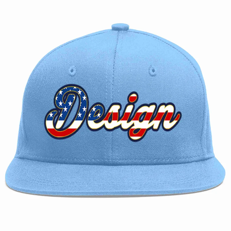 Baseball Cap For Sports Merchandise-Custom Light Blue Vintage USA Flag-Gold Flat Eaves Sport Baseball Cap Design for Men/Women/Youth