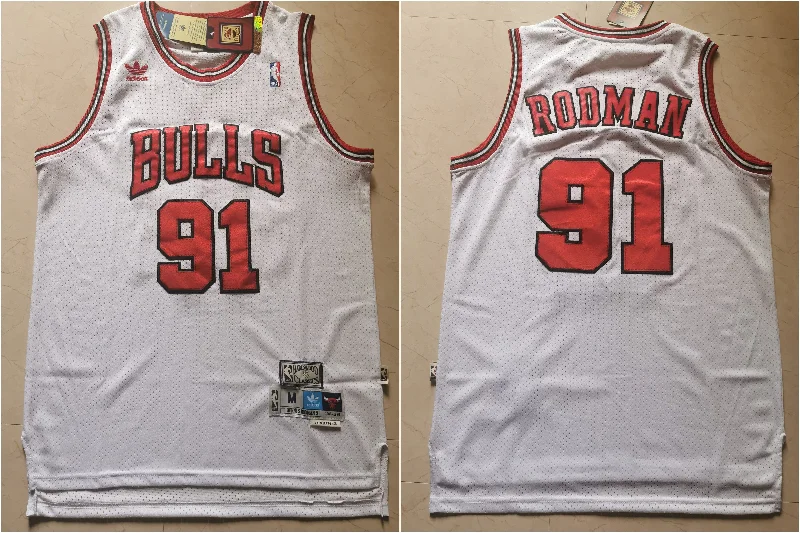 Basketball Jersey For Kids With Custom Names-Bulls 91 Dennis Rodman White Hardwood Classics Mesh Basketball Jersey