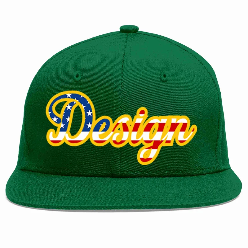 Baseball Cap With Number And Name-Custom Green Vintage USA Flag-Gold Flat Eaves Sport Baseball Cap Design for Men/Women/Youth