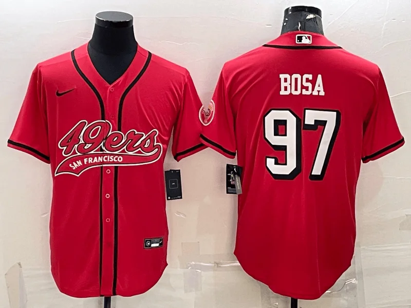 Baseball Jersey For Game Day-Men's San Francisco 49ers #97 Nick Bosa Red Color Rush With Patch Cool Base Stitched Baseball Jersey