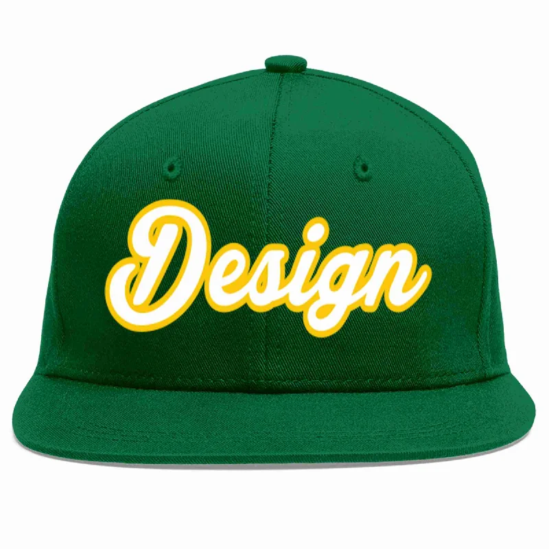 Baseball Cap For Special Promotions-Custom Green White-Gold Flat Eaves Sport Baseball Cap Design for Men/Women/Youth