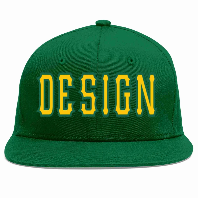 Baseball Cap For Fan Merchandise-Custom Green Gold-Kelly Green Flat Eaves Sport Baseball Cap Design for Men/Women/Youth