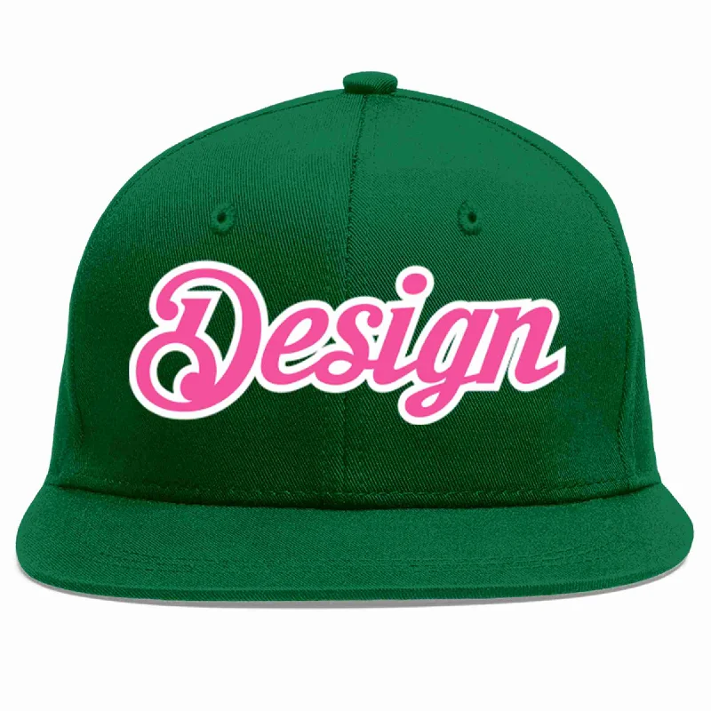 Baseball Cap For Sports Fans-Custom Green Pink-White Flat Eaves Sport Baseball Cap Design for Men/Women/Youth