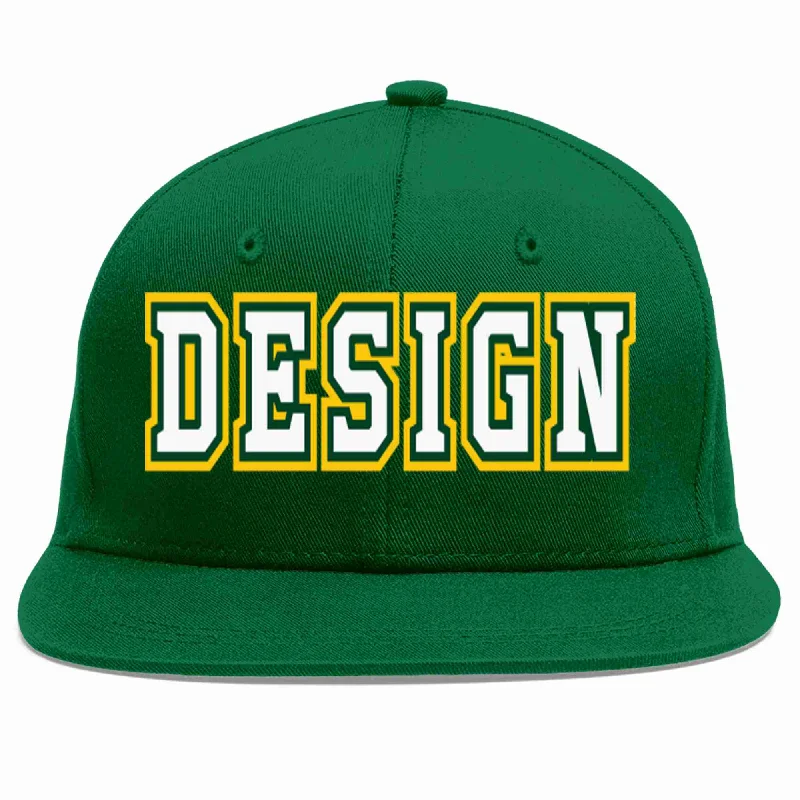 Baseball Cap For Custom Text Designs-Custom Green White-Kelly Green Flat Eaves Sport Baseball Cap Design for Men/Women/Youth