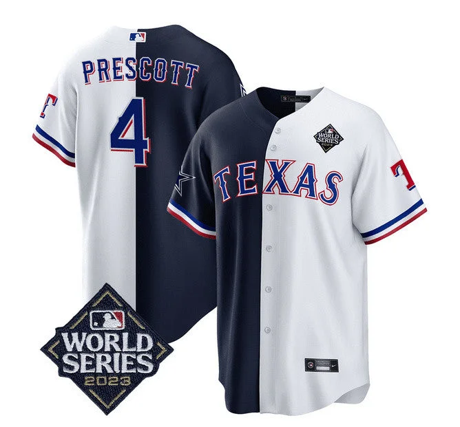 Baseball Jersey For Seasonal Fan Gifts-Men's Dallas Cowboys & Texas Rangers #4 Dak Prescott Navy/White Splite 2023 World Series Splite Stitched Baseball Jersey