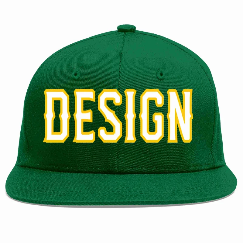 Baseball Cap For Premium Custom Orders-Custom Green White-Gold Flat Eaves Sport Baseball Cap Design for Men/Women/Youth