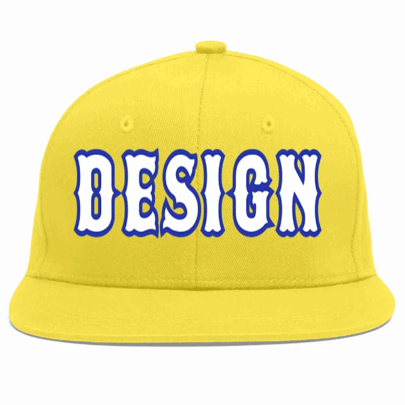 Baseball Cap With Team Identity-Custom Light Gold White-Royal Flat Eaves Sport Baseball Cap Design for Men/Women/Youth