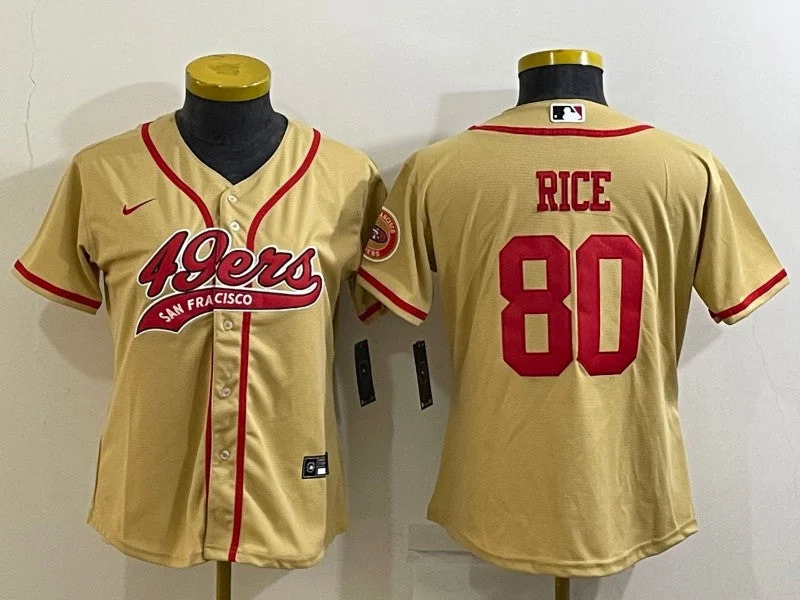 Baseball Jersey For Custom Team Jerseys-Women's San Francisco 49ers #80 Jerry Rice Gold With Patch Cool Base Stitched Baseball Jersey(Run Small)