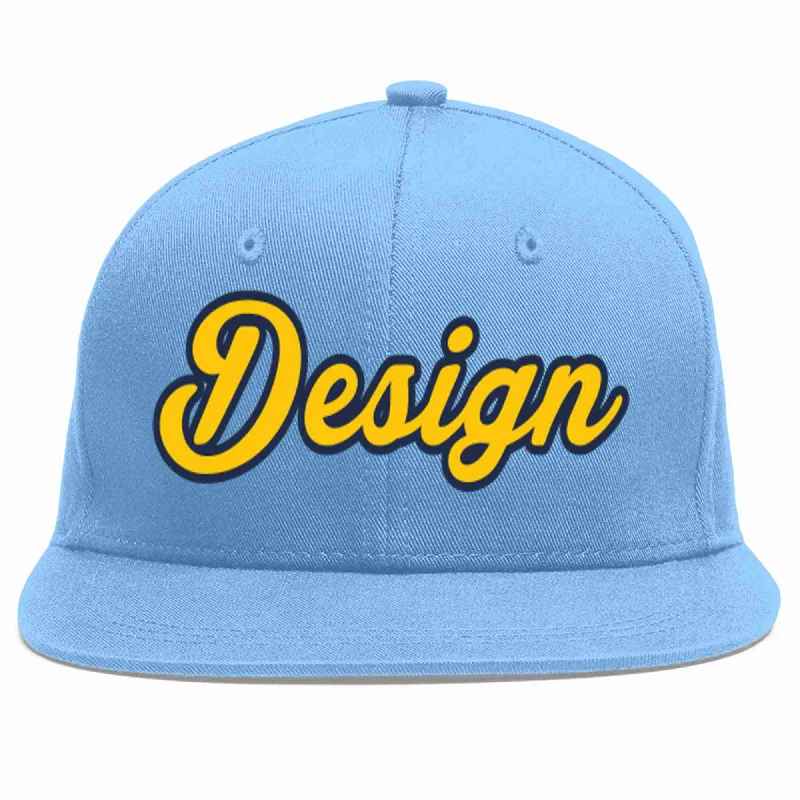 Baseball Cap With Custom Graphics-Custom Light Blue Gold-Navy Flat Eaves Sport Baseball Cap Design for Men/Women/Youth