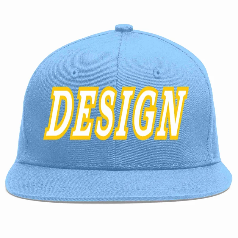 Baseball Cap For Fundraising Events-Custom Light Blue White-Gold Flat Eaves Sport Baseball Cap Design for Men/Women/Youth