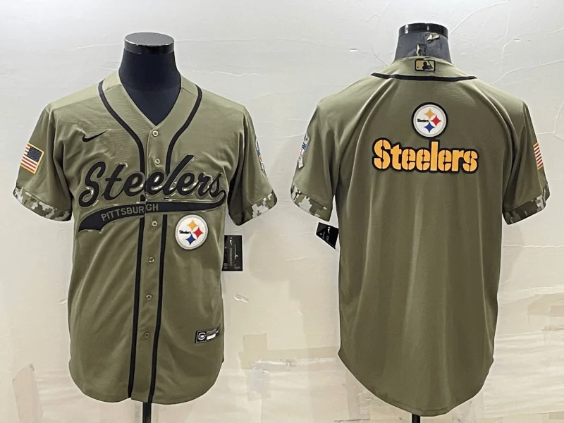 Baseball Jersey For Fan Club Orders-Men's Pittsburgh Steelers Blank Olive Salute to Service Team Big Logo Cool Base Stitched Baseball Jersey