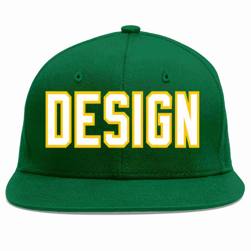 Baseball Cap For Custom Fitting-Custom Green White-Gold Flat Eaves Sport Baseball Cap Design for Men/Women/Youth