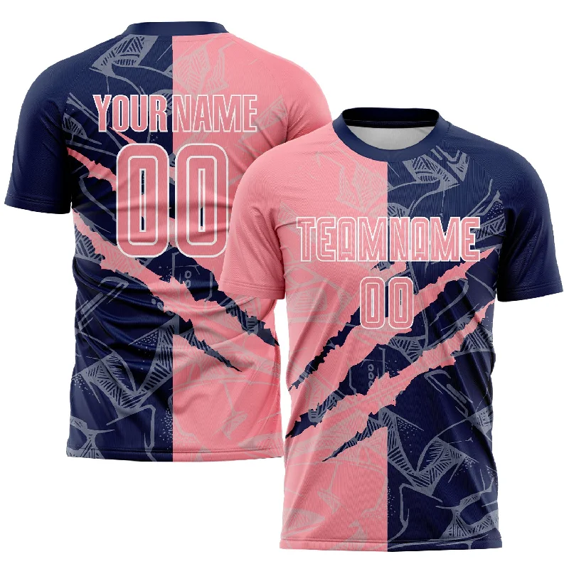 Football Jersey For Player Team Orders-Custom Graffiti Pattern Medium Pink-Navy Scratch Sublimation Soccer Uniform Jersey