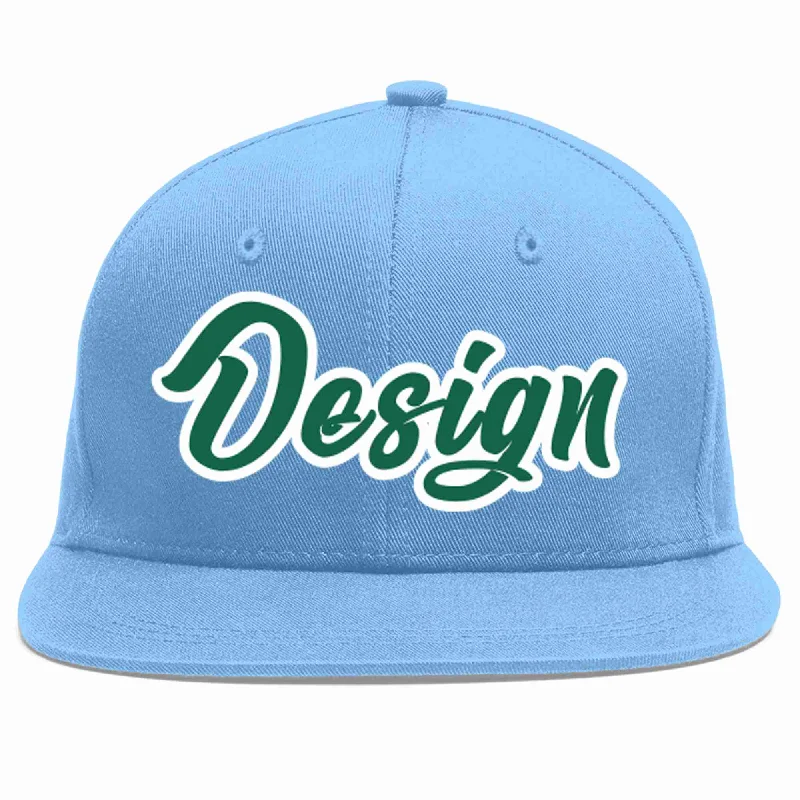 Baseball Cap With Number And Name-Custom Light Blue Kelly Green-White Flat Eaves Sport Baseball Cap Design for Men/Women/Youth