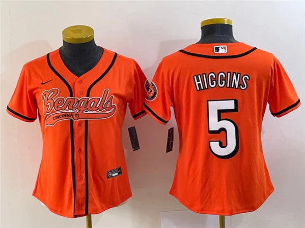 Baseball Jersey For Custom Team Numbers And Names-Women's Cincinnati Bengals #5 Tee Higgins Orange With Patch Cool Base Stitched Baseball Jersey(Run Small)