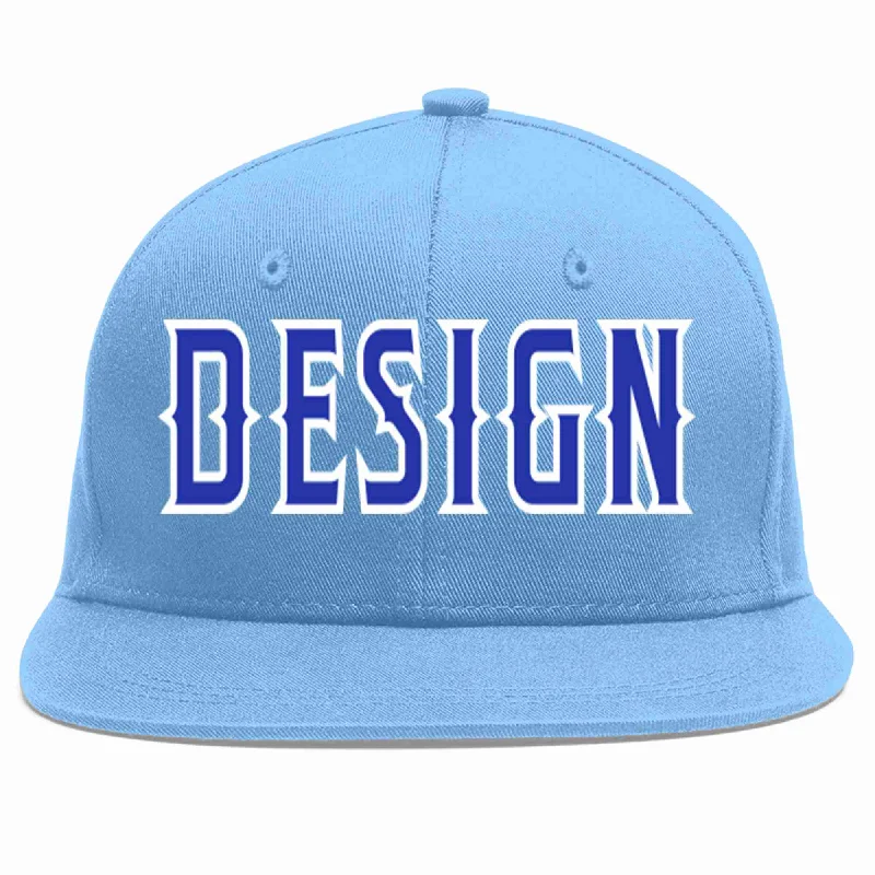 Baseball Cap For Supportive Teams-Custom Light Blue Royal-White Flat Eaves Sport Baseball Cap Design for Men/Women/Youth