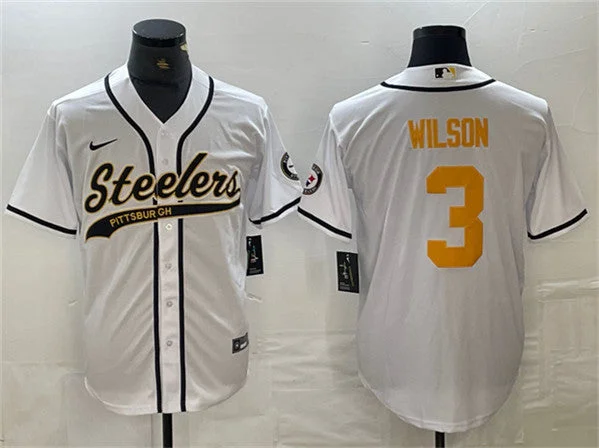 Baseball Jersey With Player And Team Numbers-Men's Pittsburgh Steelers #3 Russell Wilson White Gold With Patch Cool Base Stitched Baseball Jersey