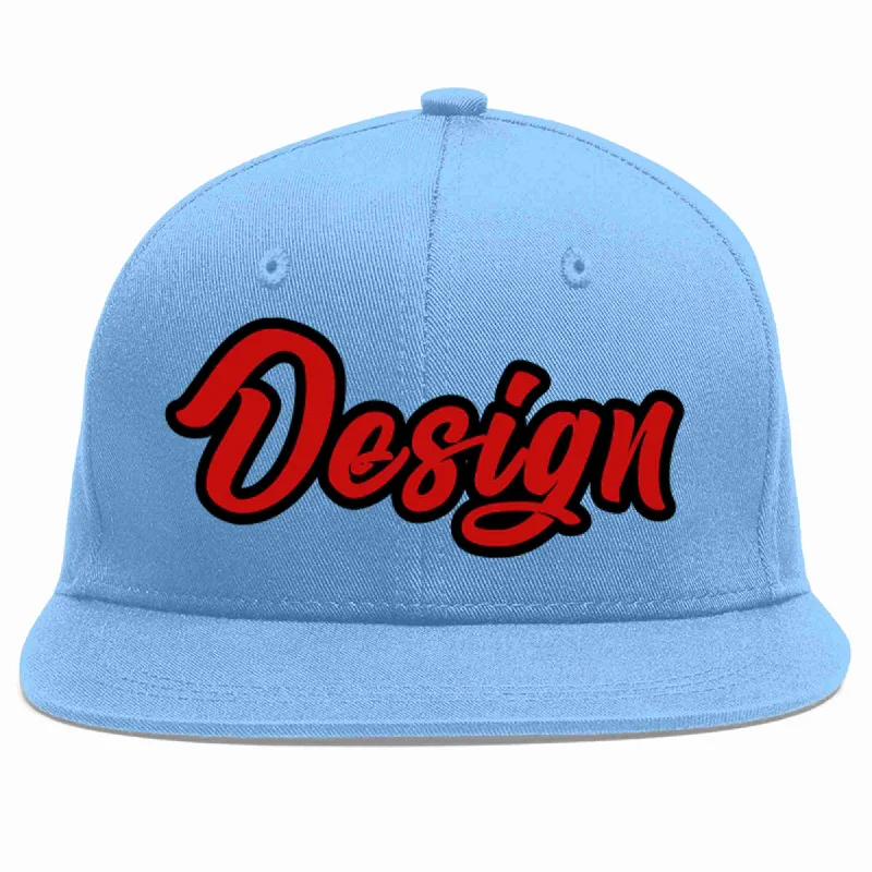 Baseball Cap With Bold Design-Custom Light Blue Red-Black Flat Eaves Sport Baseball Cap Design for Men/Women/Youth