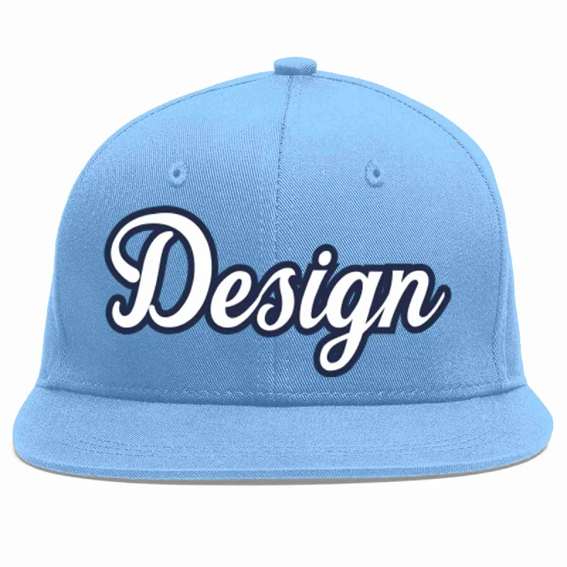 Baseball Cap For Sports Events-Custom Light Blue White-Navy Flat Eaves Sport Baseball Cap Design for Men/Women/Youth