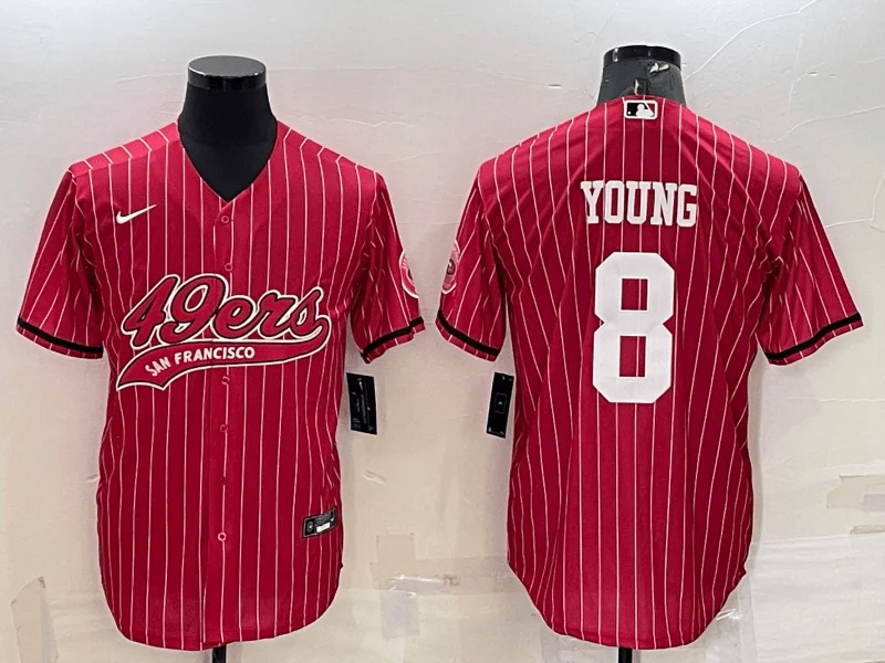 Baseball Jersey For Team Apparel And Gear-Men's San Francisco 49ers #8 Steve Young Red Pinstripe With Patch Cool Base Stitched Baseball Jersey