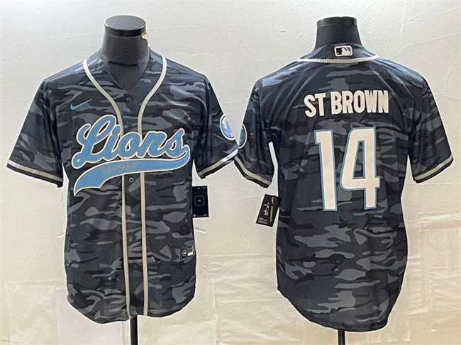 Baseball Jersey For Player Signature Designs-Men's Detroit Lions #14 Amon-Ra St. Brown Gray Camo Cool Base Stitched Baseball Jersey