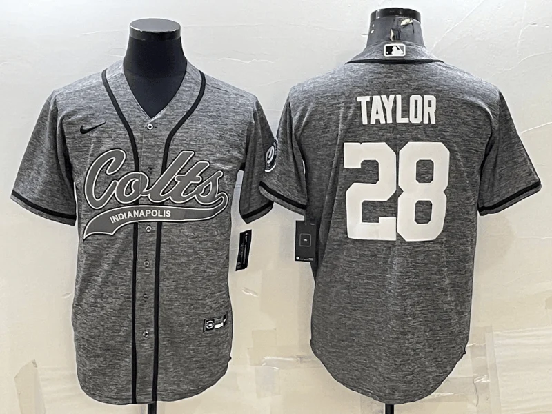 Baseball Jersey For Fundraising Campaigns-Men's Indianapolis Colts #28 Jonathan Taylor Grey Gridiron With Patch Cool Base Stitched Baseball Jerseys