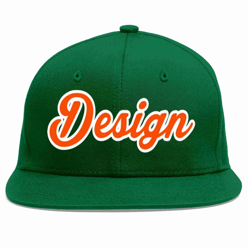 Baseball Cap For Sports Apparel-Custom Green Orange-White Flat Eaves Sport Baseball Cap Design for Men/Women/Youth