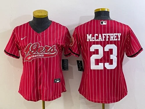 Baseball Jersey For Custom Team Gifts-Women's San Francisco 49ers #23 Christian McCaffrey Red With Patch Cool Base Stitched Baseball Jersey(Run Small)