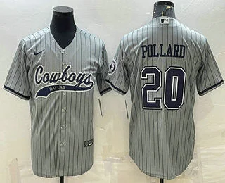 Baseball Jersey For Youth Sports Gear-Men's Dallas Cowboys #20 Tony Pollard Grey Pinstripe With Patch Cool Base Stitched Baseball Jersey