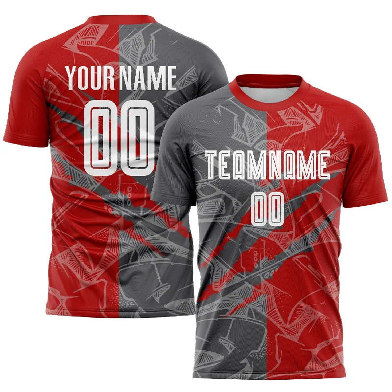 Football Jersey For Custom Team Orders And Sales-Custom Graffiti Pattern Red-Steel Gray Scratch Sublimation Soccer Uniform Jersey