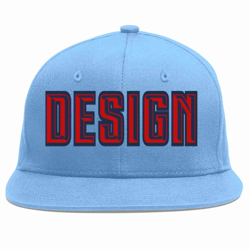 Baseball Cap For Personalized Fit-Custom Light Blue Red-Navy Flat Eaves Sport Baseball Cap Design for Men/Women/Youth