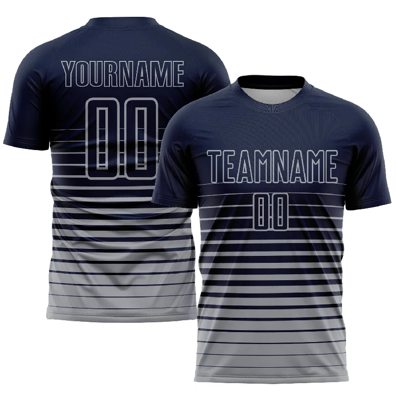 Football Jersey For Official Player Gear-Custom Navy Gray Pinstripe Fade Fashion Sublimation Soccer Uniform Jersey