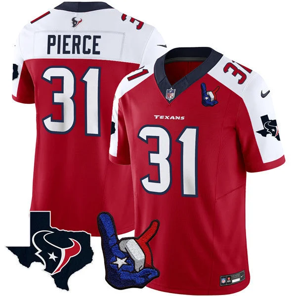 Football Jersey With Team Logo-Men's Houston Texans #31 Dameon Pierce White/Red 2023 F.U.S.E. With 1-Star C And Hand Sign Throwing Up The H Patch Vapor Untouchable Limited Football Stitched Jersey