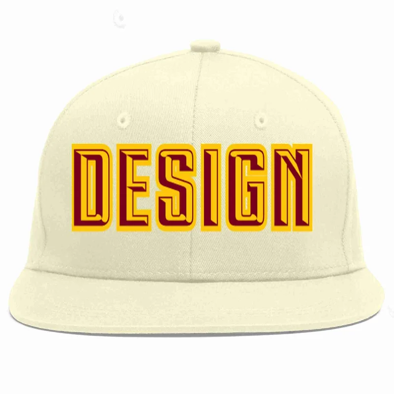 Baseball Cap With Custom Graphics-Custom Cream Crimson-Gold Flat Eaves Sport Baseball Cap Design for Men/Women/Youth