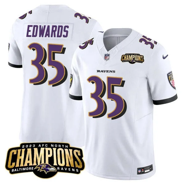 Football Jersey For Custom Team Outfits-Men's Baltimore Ravens #35 Gus Edwards White 2023 F.U.S.E. AFC North Champions Vapor Limited Football Stitched Jersey