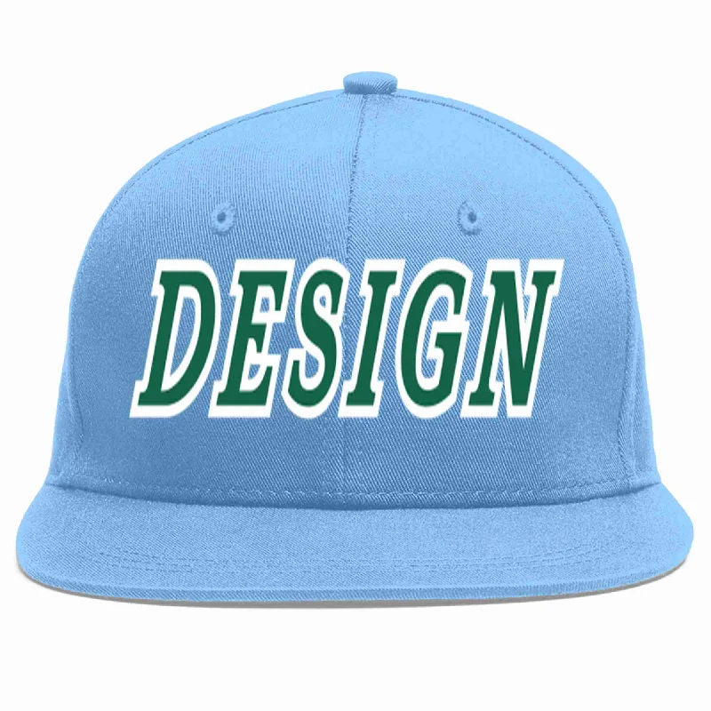 Baseball Cap For Game Day Gear-Custom Light Blue Kelly Green-White Flat Eaves Sport Baseball Cap Design for Men/Women/Youth