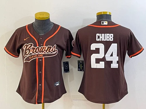 Baseball Jersey For Adult Leagues-Women's Cleveland Browns #24 Nick Chubb Brown With Patch Cool Base Stitched Baseball Jersey(Run Small)