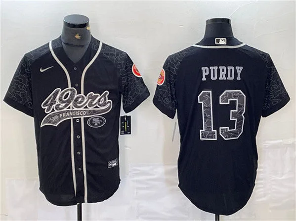 Baseball Jersey With Personalized Team Names-Men's San Francisco 49ers #13 Brock Purdy Black Reflective With Patch Cool Base Stitched Baseball Jersey