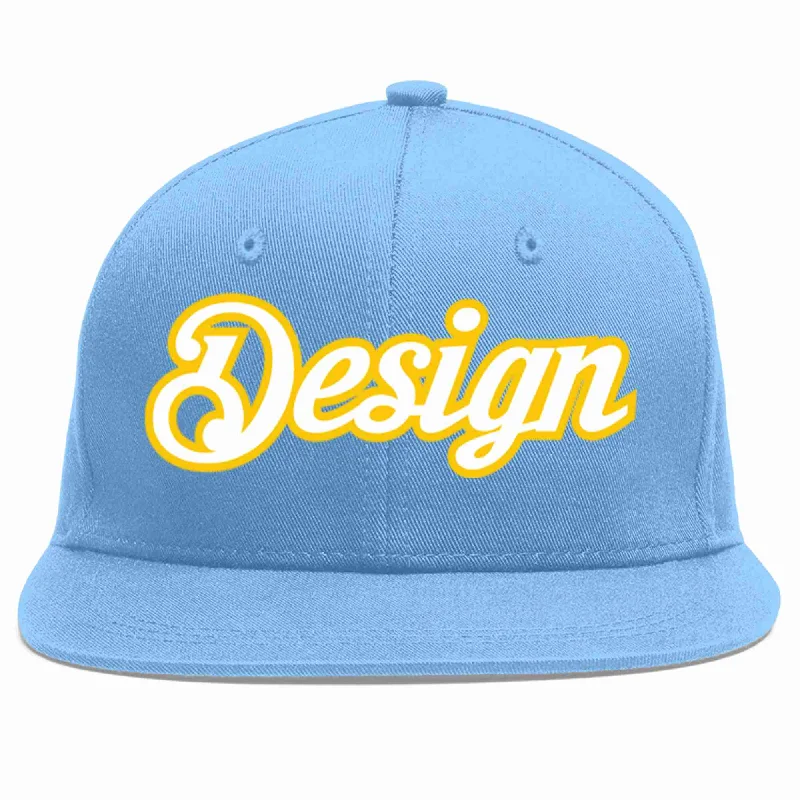 High Quality Baseball Cap-Custom Light Blue White-Gold Flat Eaves Sport Baseball Cap Design for Men/Women/Youth