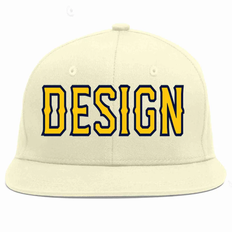 Baseball Cap For Special Edition Merchandise-Custom Cream Gold-Navy Flat Eaves Sport Baseball Cap Design for Men/Women/Youth