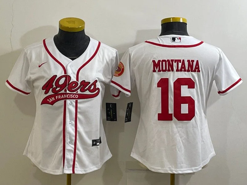 Baseball Jersey With Unique Player Numbering-Women's San Francisco 49ers #16 Joe Montana White With Patch Cool Base Stitched Baseball Jersey(Run Small)