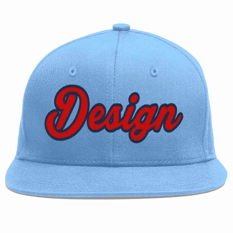 Baseball Cap With Unique Designs-Custom Light Blue Red-Navy Flat Eaves Sport Baseball Cap Design for Men/Women/Youth